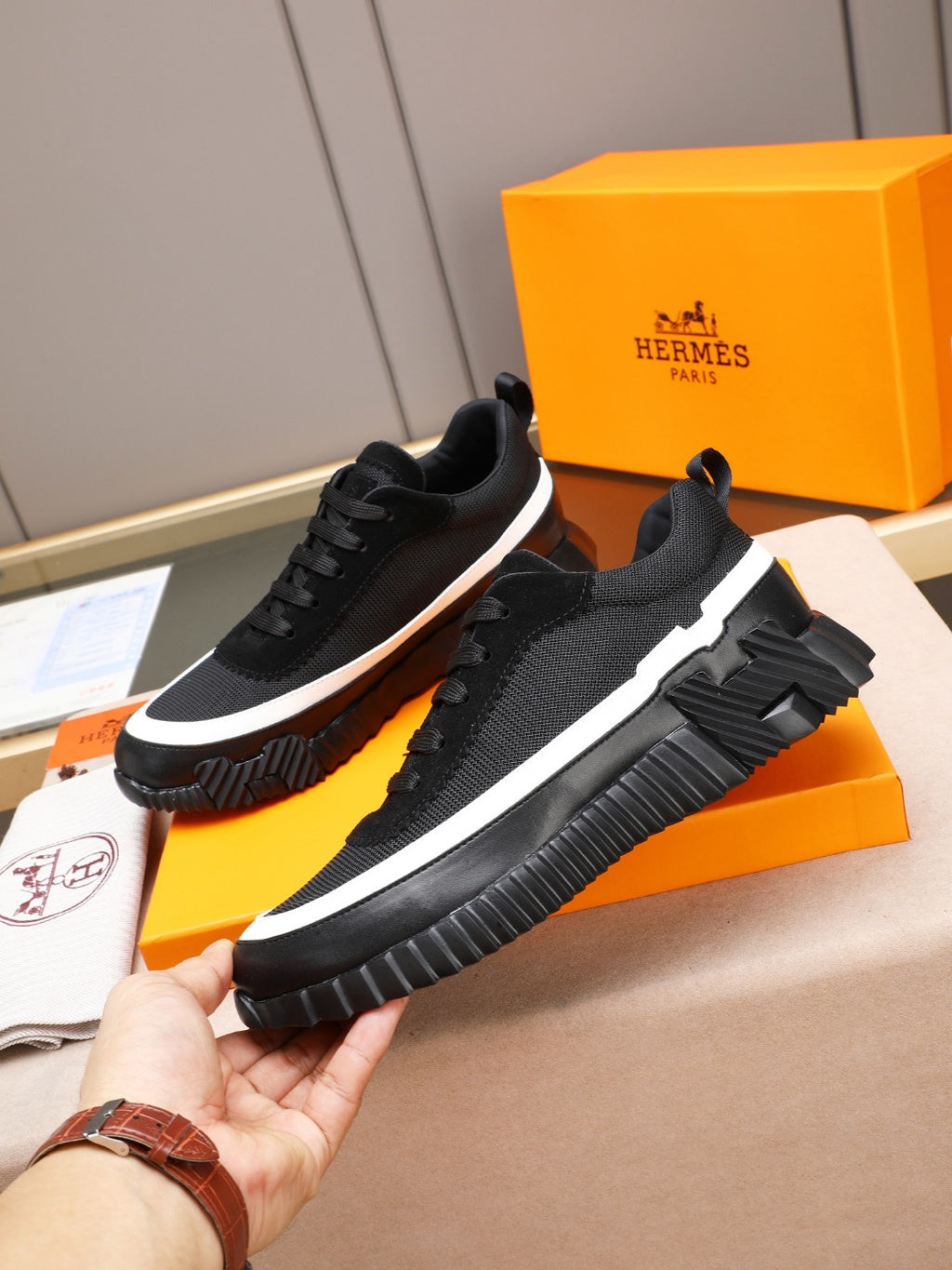 Hermes Black Sneakers with White Trim